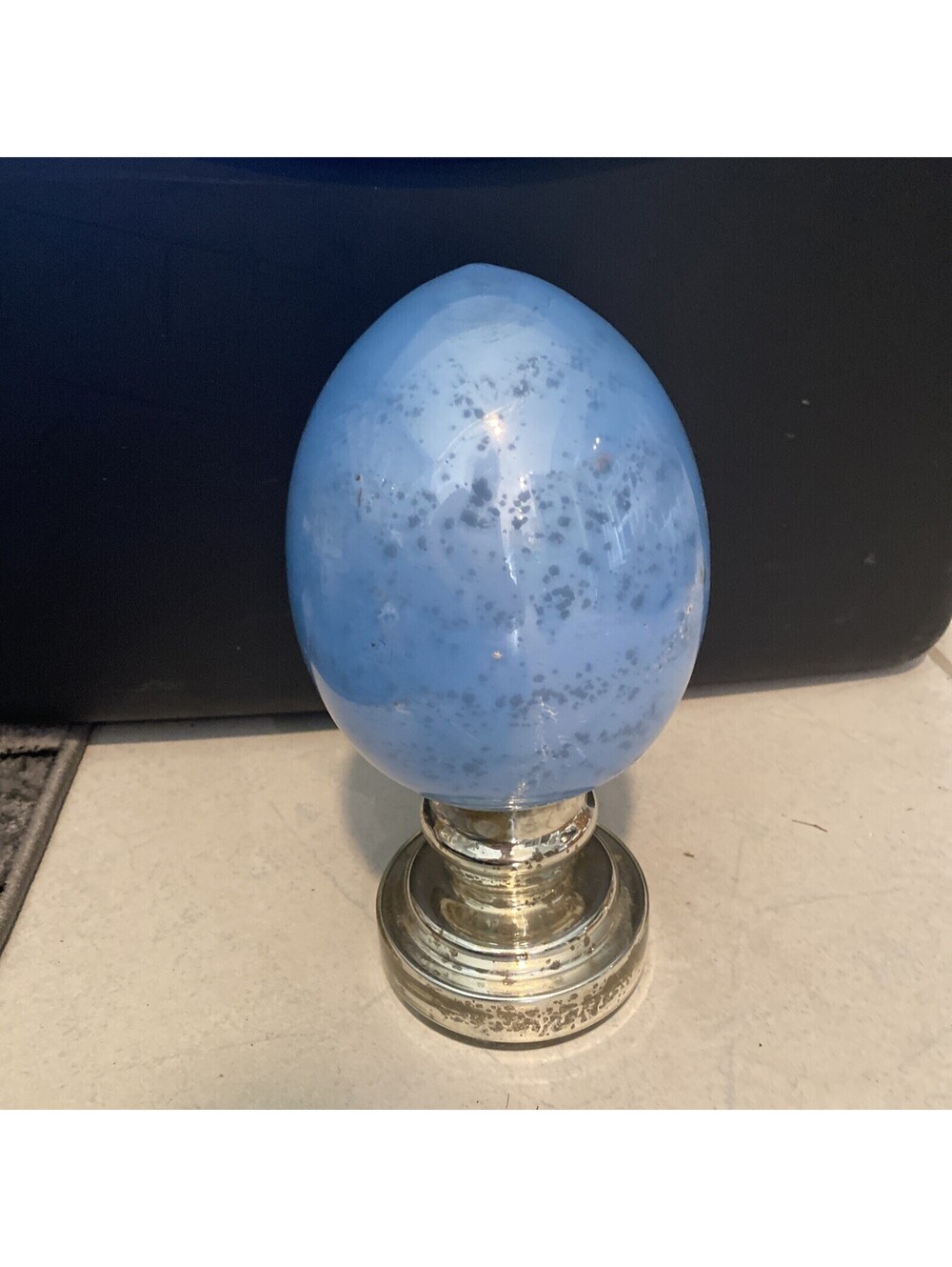 Easter Egg Glass Statue Tabletop Blue Speckled Silver Base Lightweight New